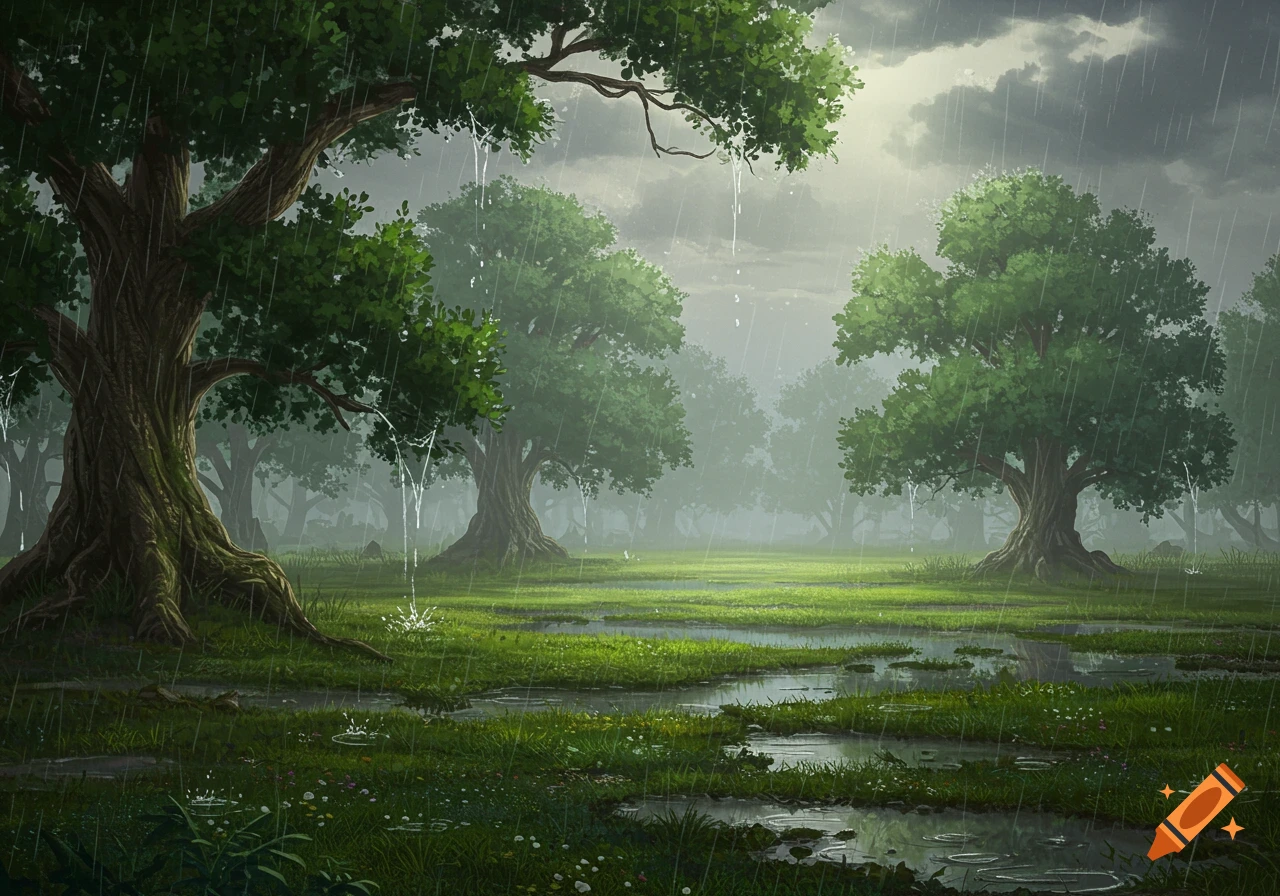 A lush green forest clearing with large trees and puddles, seen through falling rain under a cloudy sky with distant light.