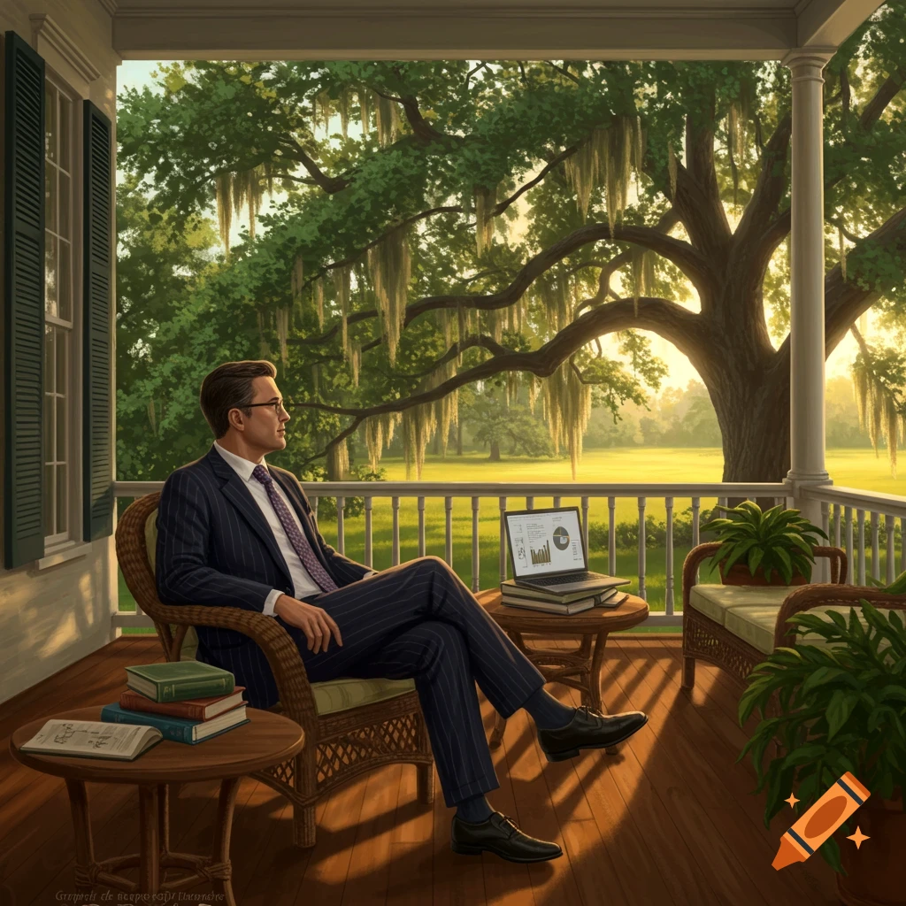 A man in a pinstripe suit sits on a Southern porch, looking at a sunny landscape with moss-draped trees. A laptop and books are on tables.