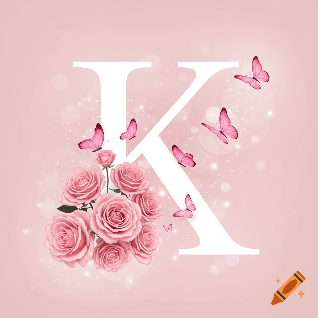 A large white letter K adorned with pink roses and flying pink butterflies on a soft pink background with bokeh effects.