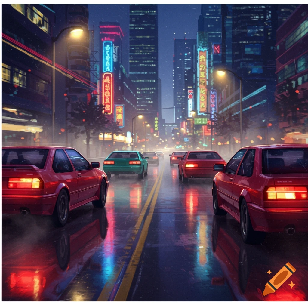 Red and green cars on a wet city street at night with neon lights reflecting in puddles.