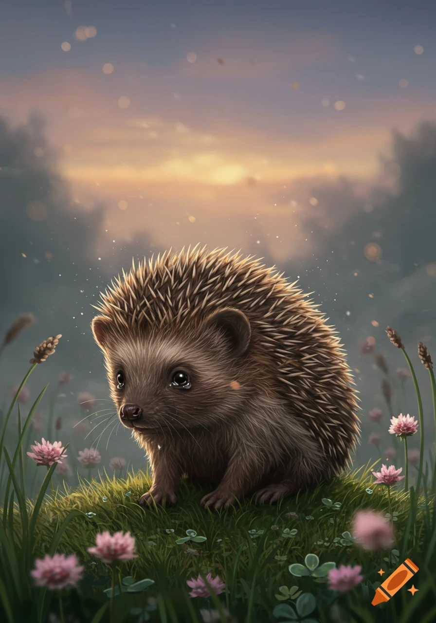 A sad baby hedgehog with big eyes sits in a grassy field with pink flowers at sunset, with light particles floating around.