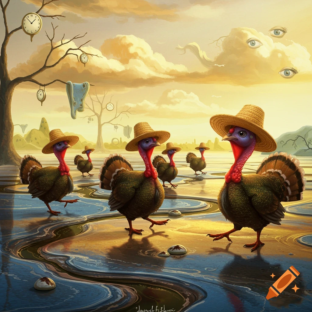 Surreal painting of turkeys in straw hats walking through a melting landscape under a sky with floating eyes, inspired by Dali.