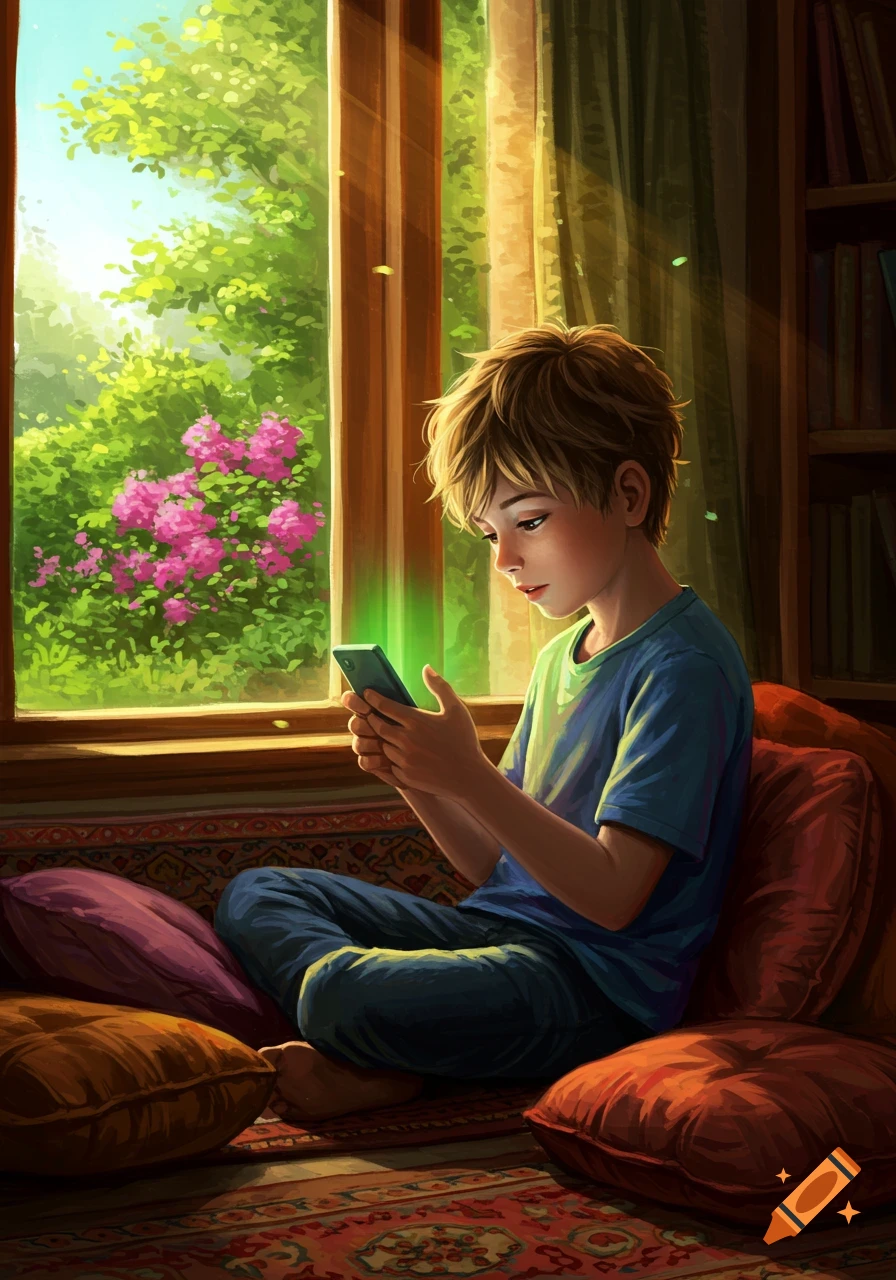 A young boy sits by a sunlit window, looking at his phone, with lush green foliage and pink flowers visible outside. Illustrated style.