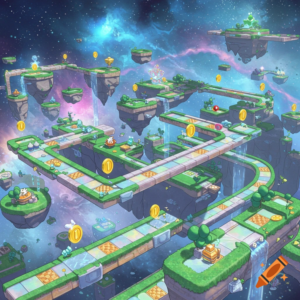 A vibrant, colorful VR game board with floating grassy islands, winding pathways, and gold coins, set against a starry galaxy backdrop.