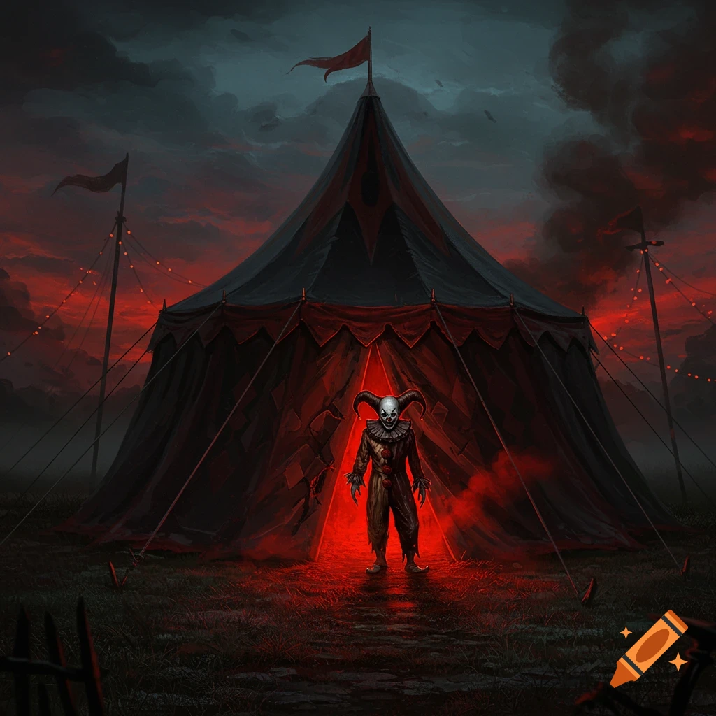 A demonic clown stands in front of a dark, gothic circus tent, illuminated by smoky red lights under a stormy sky in an oil painting style.