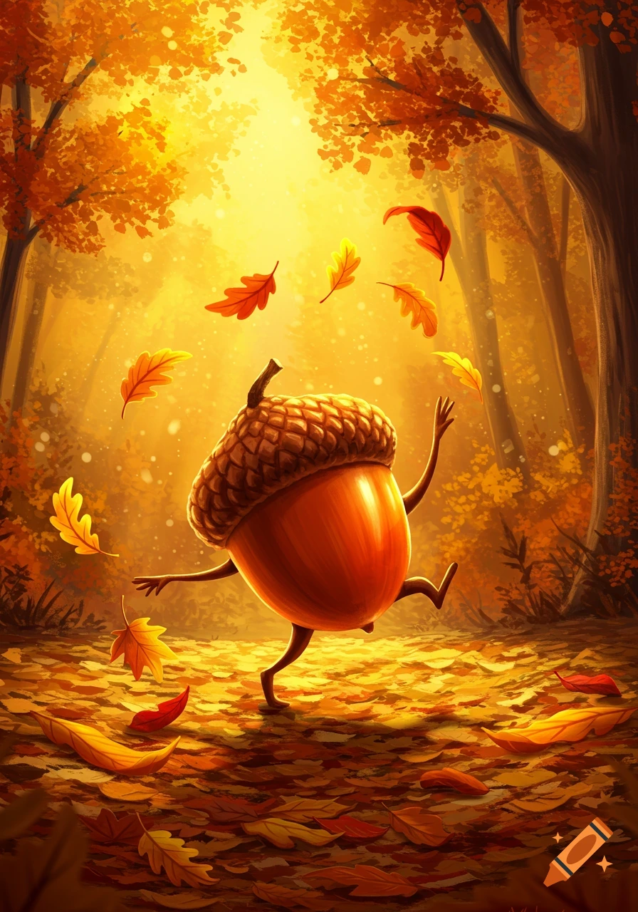 A whimsical, animated acorn with tiny stick arms and legs dances cheerfully among bright orange and yellow fallen leaves in a sun-drenched autumn forest.