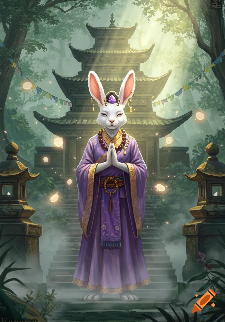 A white anthropomorphic rabbit priestess monk stands in prayer before an ornate temple in a mystical forest setting, bathed in soft light.