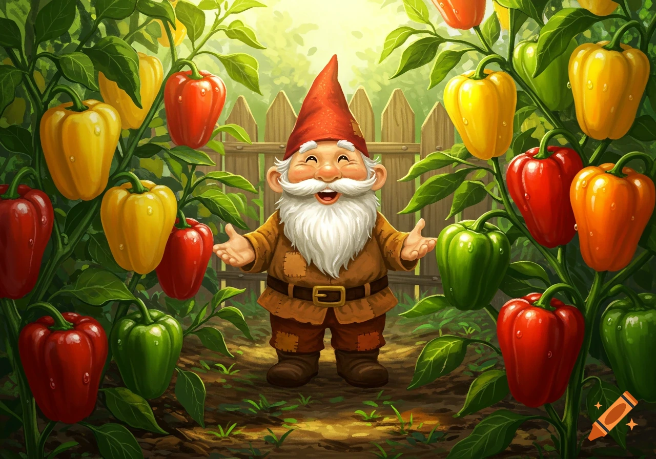 A cheerful garden gnome with a white beard and red hat stands among vibrant red, yellow, and green bell peppers.