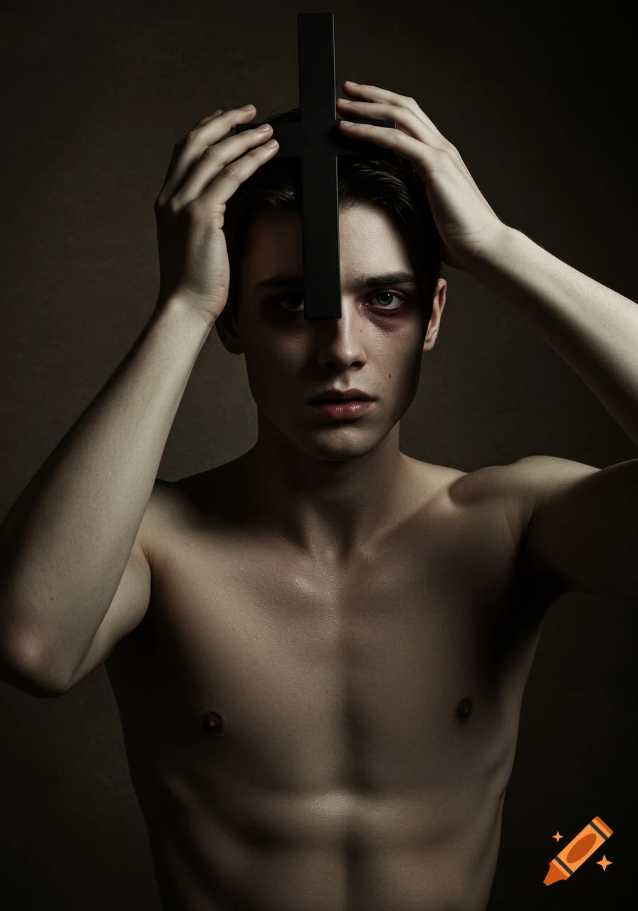 Photorealistic portrait of a slender young man with a haunted expression, holding a black cross to his forehead, under dramatic lighting.