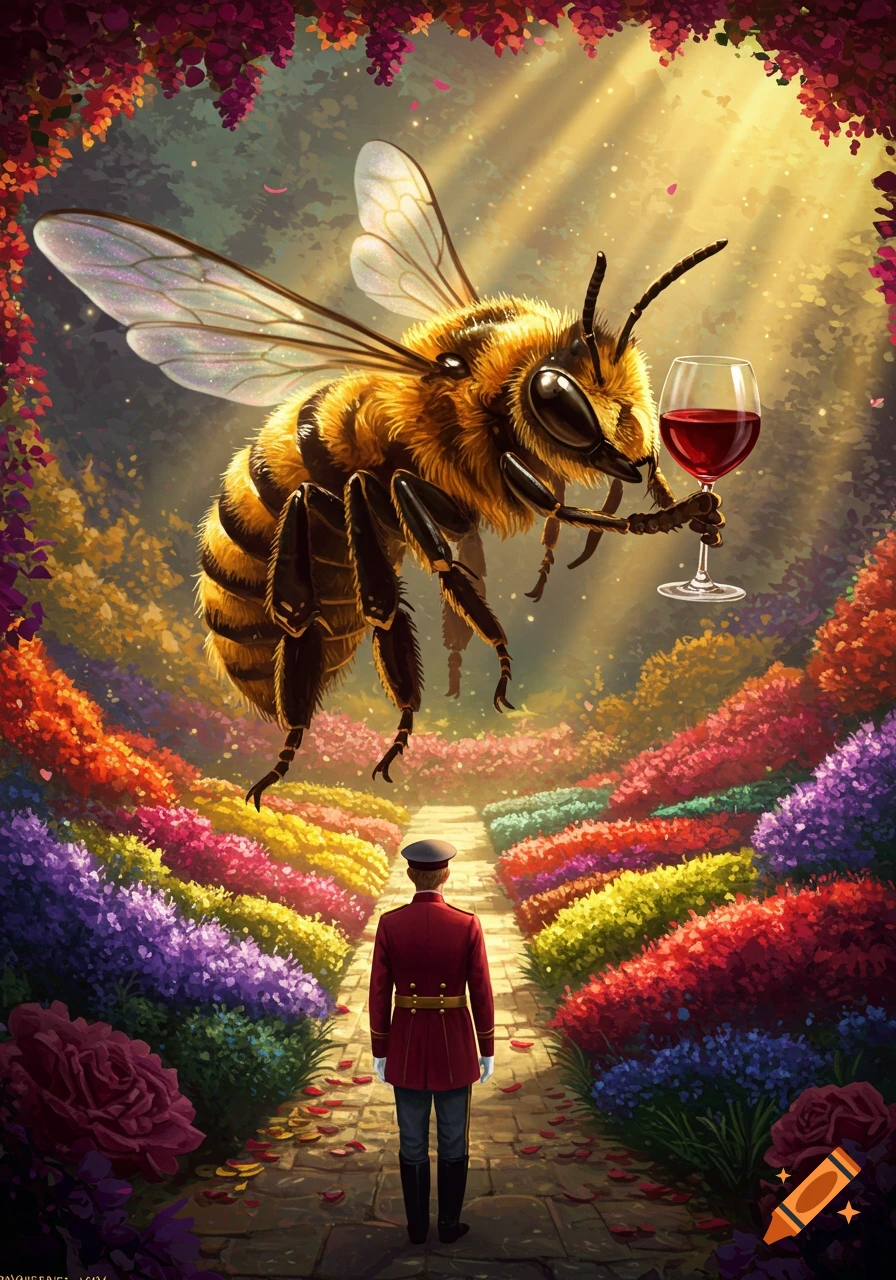 A giant bee offers a glass of red wine to a man in a red uniform standing on a path surrounded by colorful flowers in a fantasy illustration.