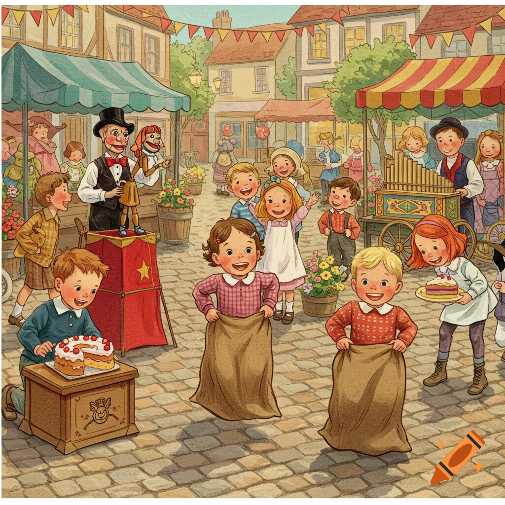 Charming illustration of a lively market festival with a puppet show, children doing a sack race, an organ grinder, and cakes.