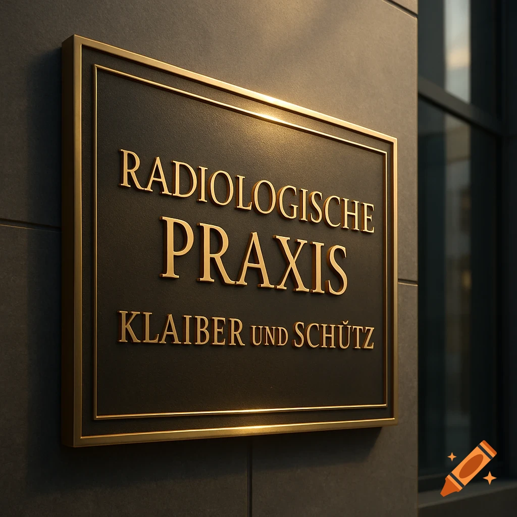 A golden sign for 'Radiologische Praxis Klaiber und Schütz' on a dark tiled building wall, in a photorealistic style.
