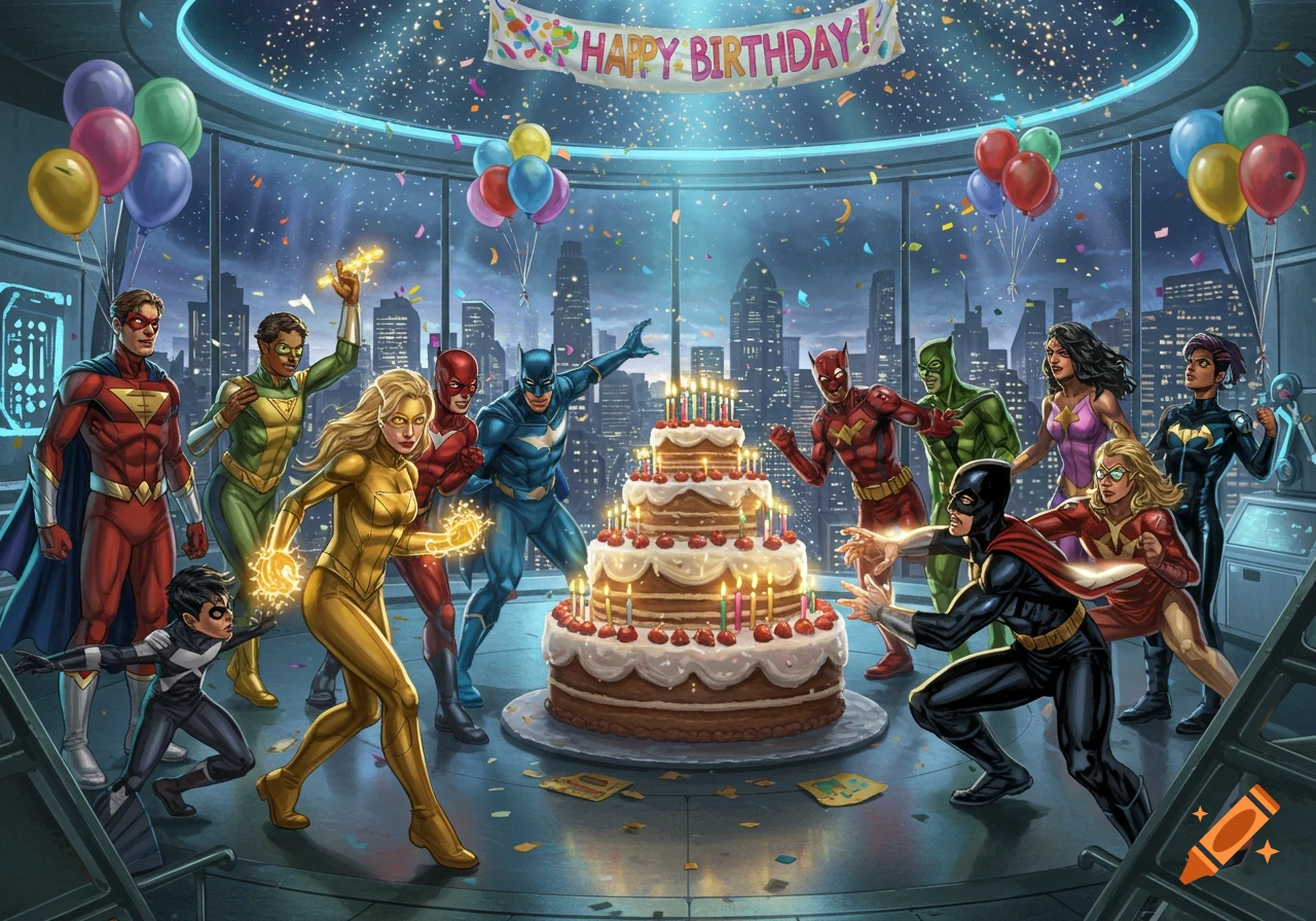 Comic book superheroes celebrate a birthday party around a large cake in a high-rise building overlooking a city, with confetti and balloons.