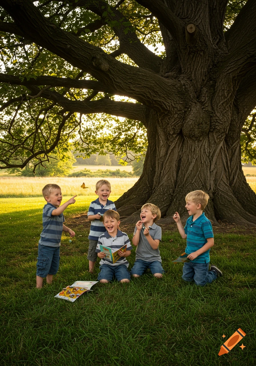 Five boys laughing and playing under a large tree in a sunny field, one pointing at a butterfly, another reading a book.