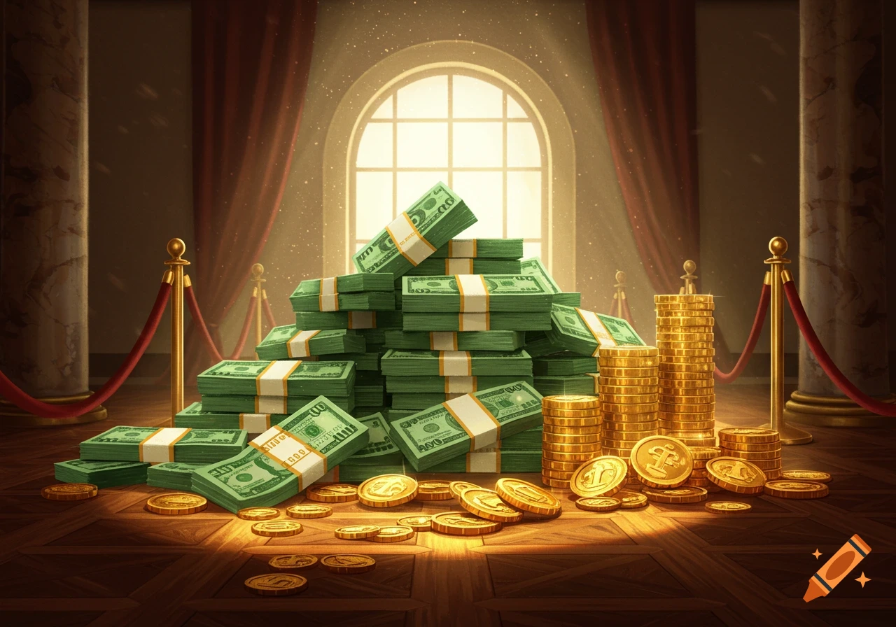 Stacks of green banknotes and gold coins piled on a polished wooden floor in a grand room with red curtains and a large arched window.