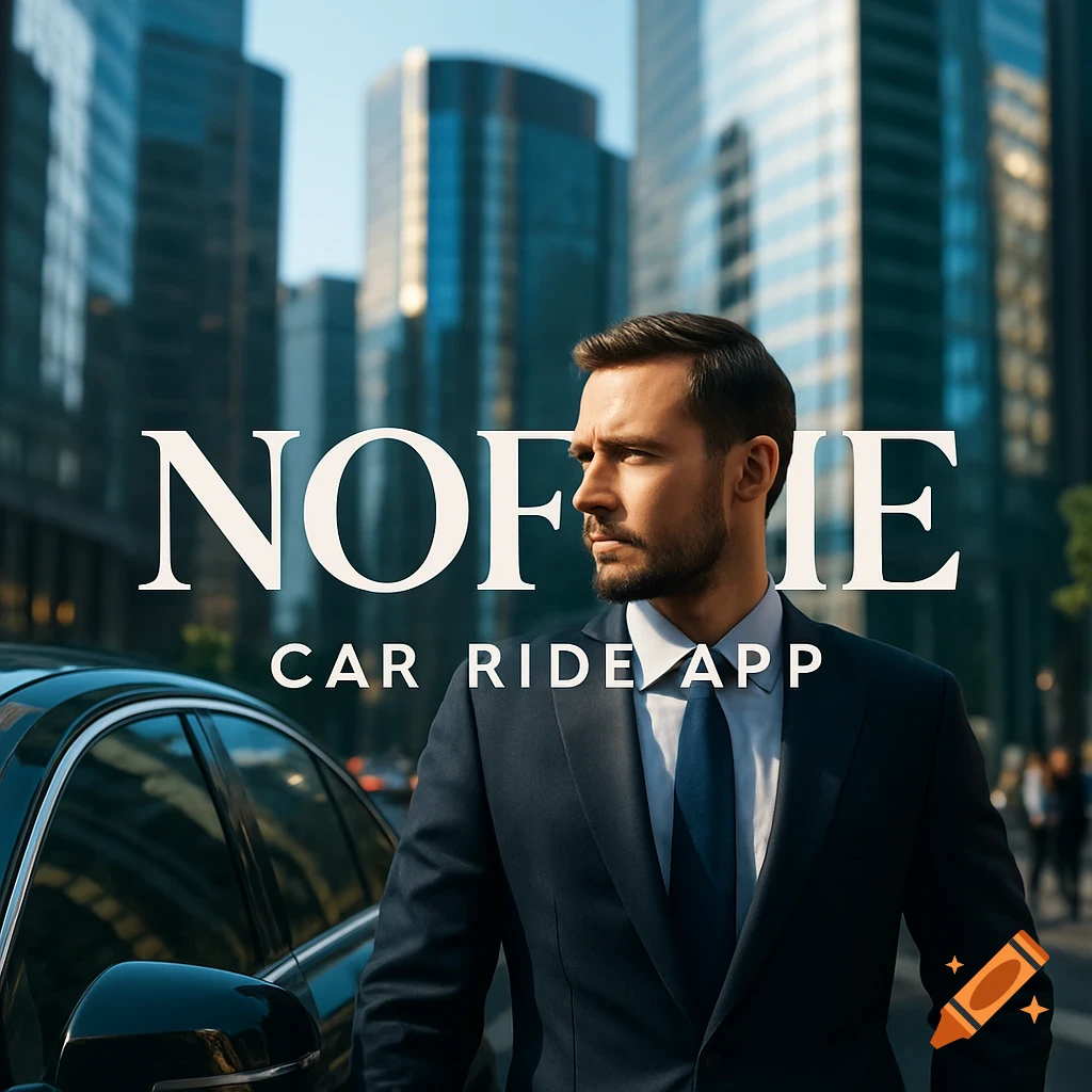 Photorealistic image of a man in a suit next to a black car in a city, with "NOFLIE CAR RIDE APP" text.