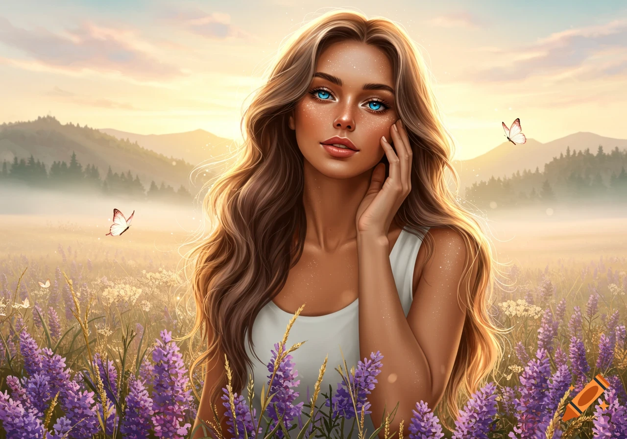 Digital art of a woman with long wavy brown hair and bright blue eyes in a field of purple flowers at sunrise, with misty mountains.