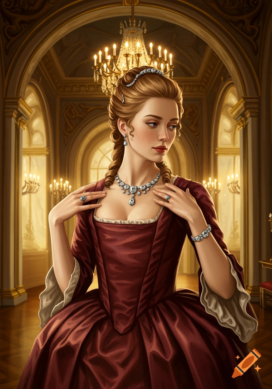 A young 18th-century woman in a dark red gown and diamond jewelry, posing in a grand, richly decorated hall.