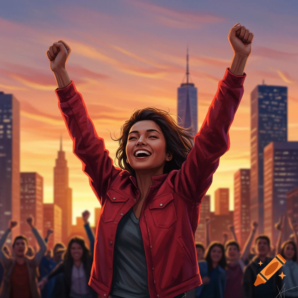 Woman in red jacket cheers with fists raised in front of a city skyline at sunset, with a cheering crowd in the background. Digital illustration.
