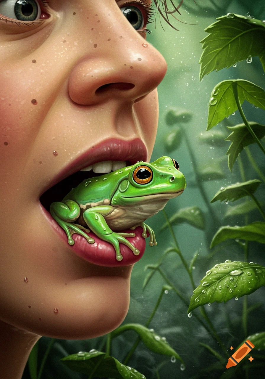 Close-up of a person's face with a green frog in their open mouth, surrounded by wet green foliage. Surreal art style.
