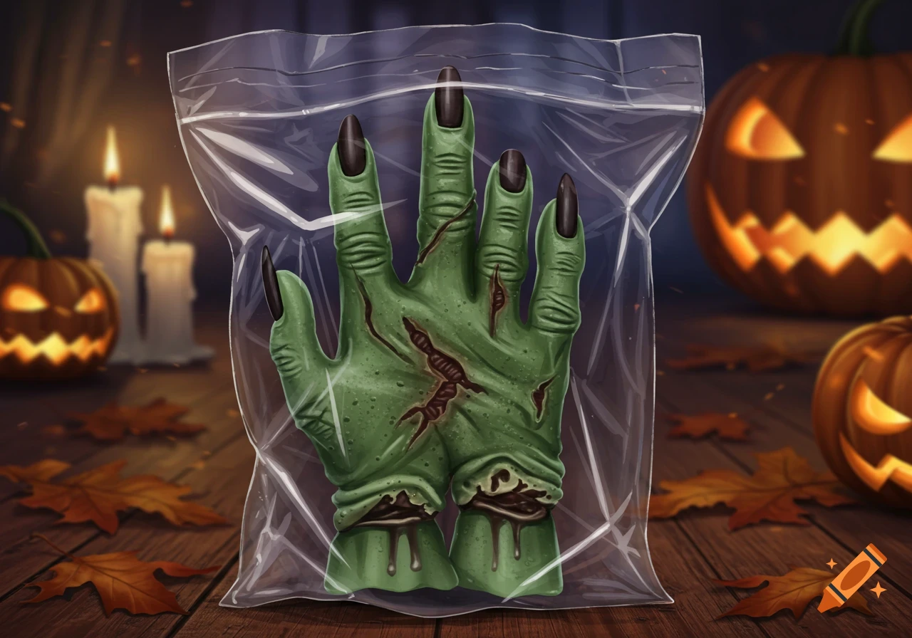 Green, severed witch fingers in a plastic bag on a wooden table, surrounded by lit jack-o'-lanterns, candles, and autumn leaves, in a spooky style.