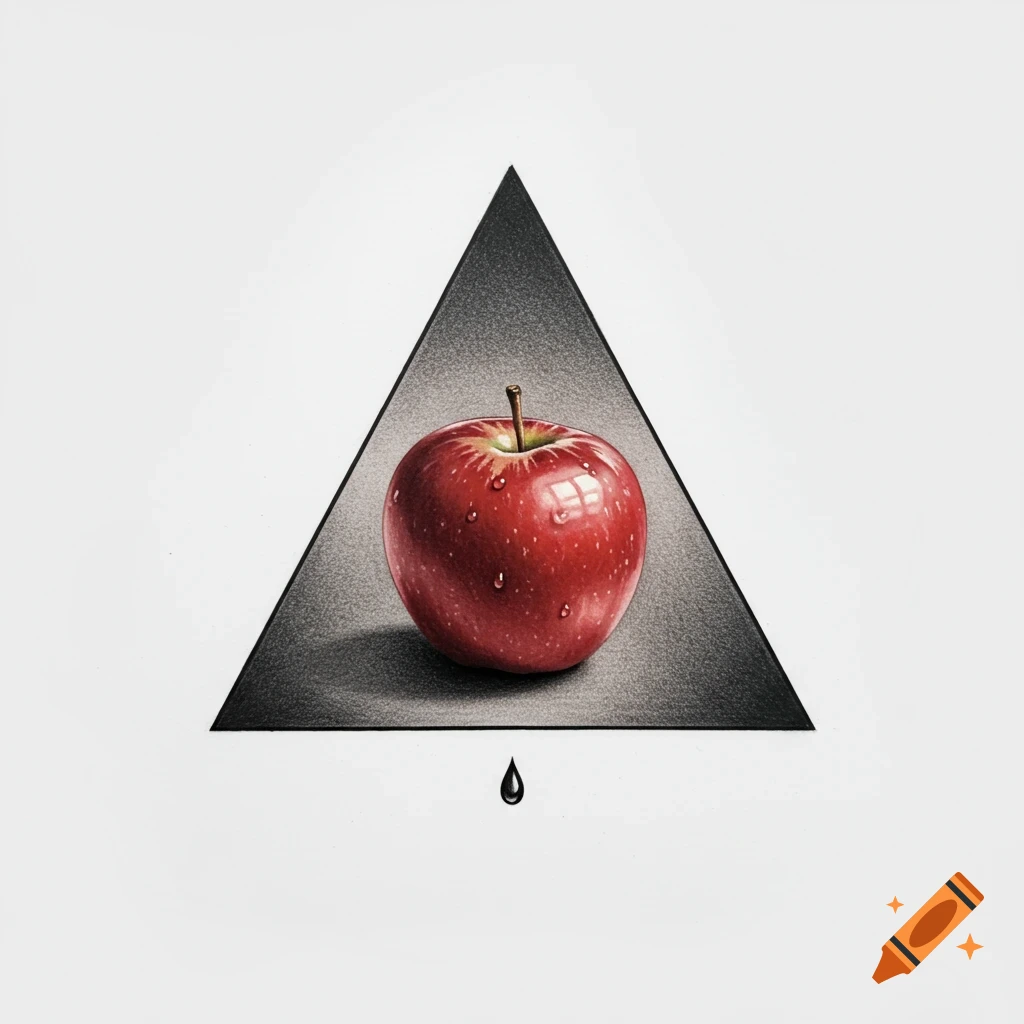 Hyperrealistic red apple with water droplets inside a black triangle, a black teardrop below. Tattoo design on a white background.