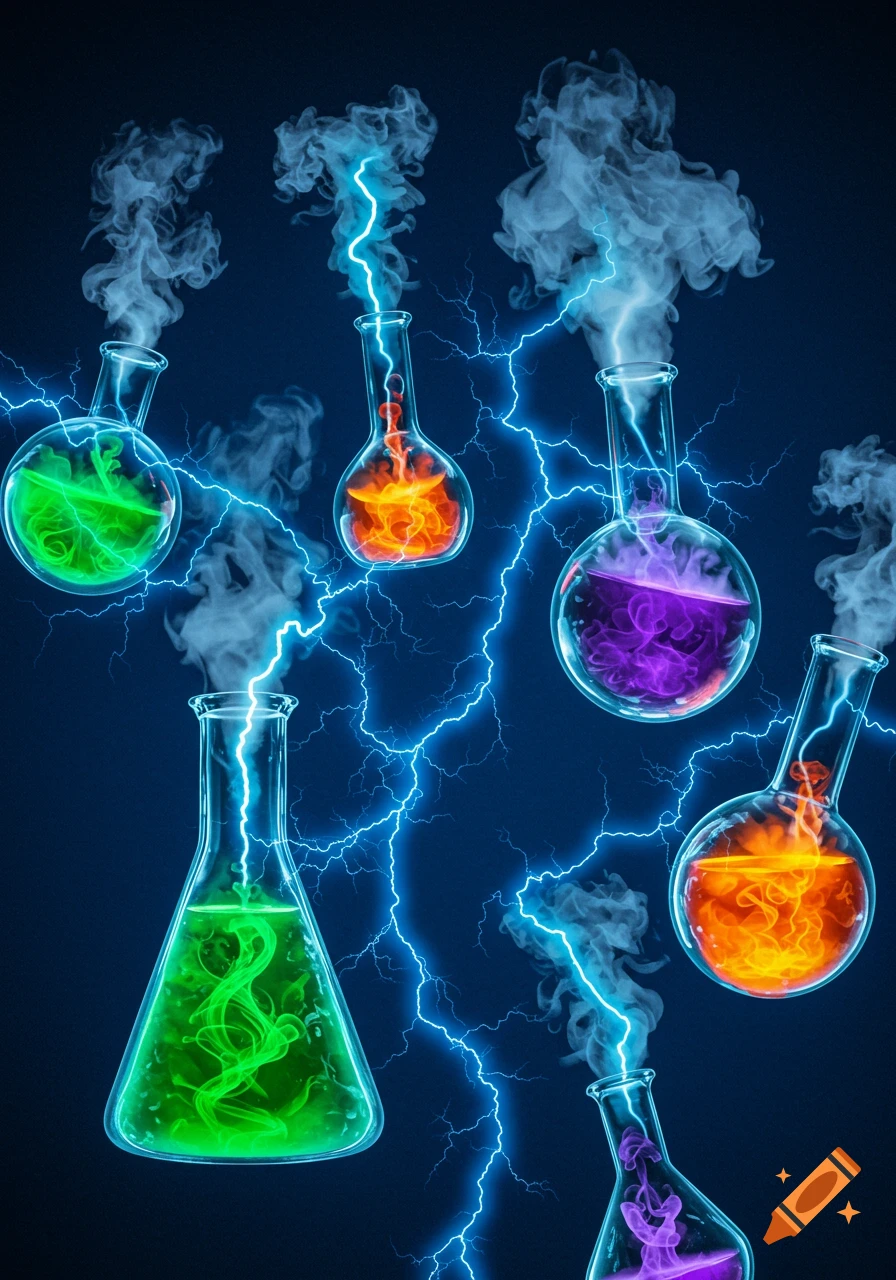 Several chemical flasks with vibrant green, orange, and purple liquids emit smoke and are charged by blue lightning bolts, dark background.