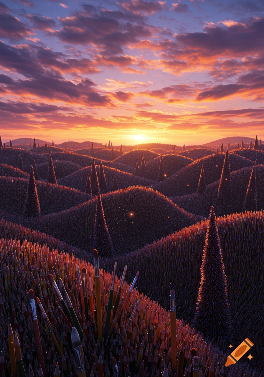 Surreal landscape at sunset, with hills formed by colored pencils and tall pencil-trees, paint brushes in the foreground.