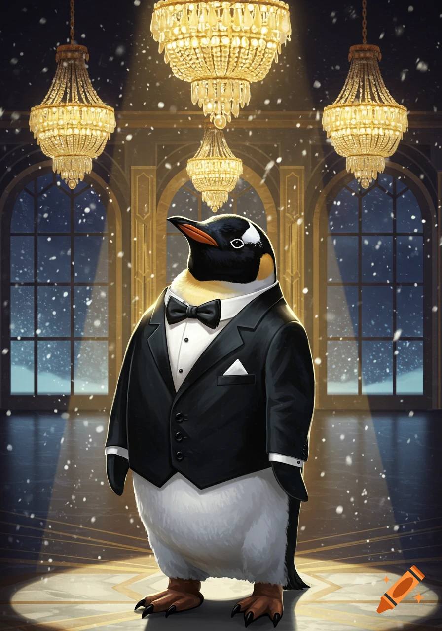 A dapper penguin in a tuxedo stands under glowing chandeliers in a snowy, elegant ballroom.