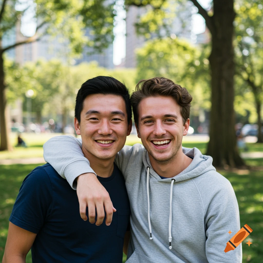 Two smiling male friends embrace in a sunny park, with green trees and city buildings in the background, photorealistic.