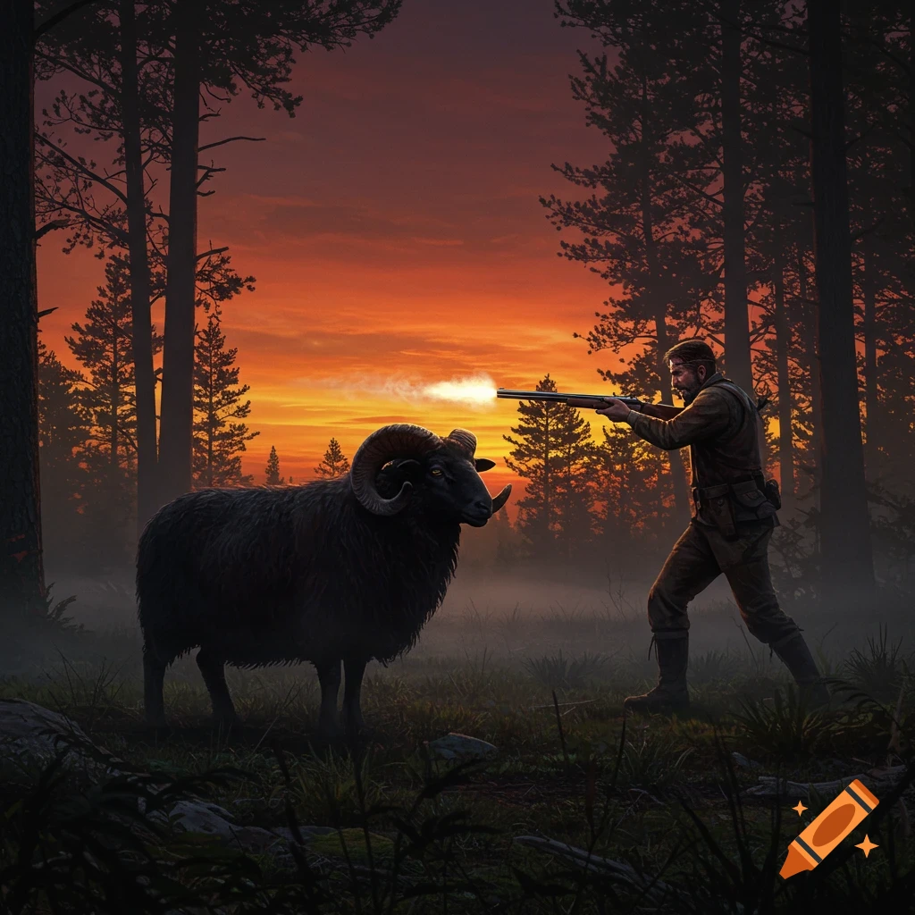 A hunter fires a rifle at a black ram in a misty forest at sunset.