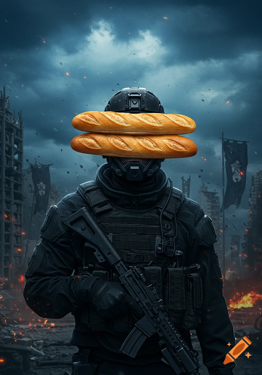 A photorealistic soldier in black tactical gear holds a rifle in a ruined city, with two baguettes stacked over his eyes as goggles.