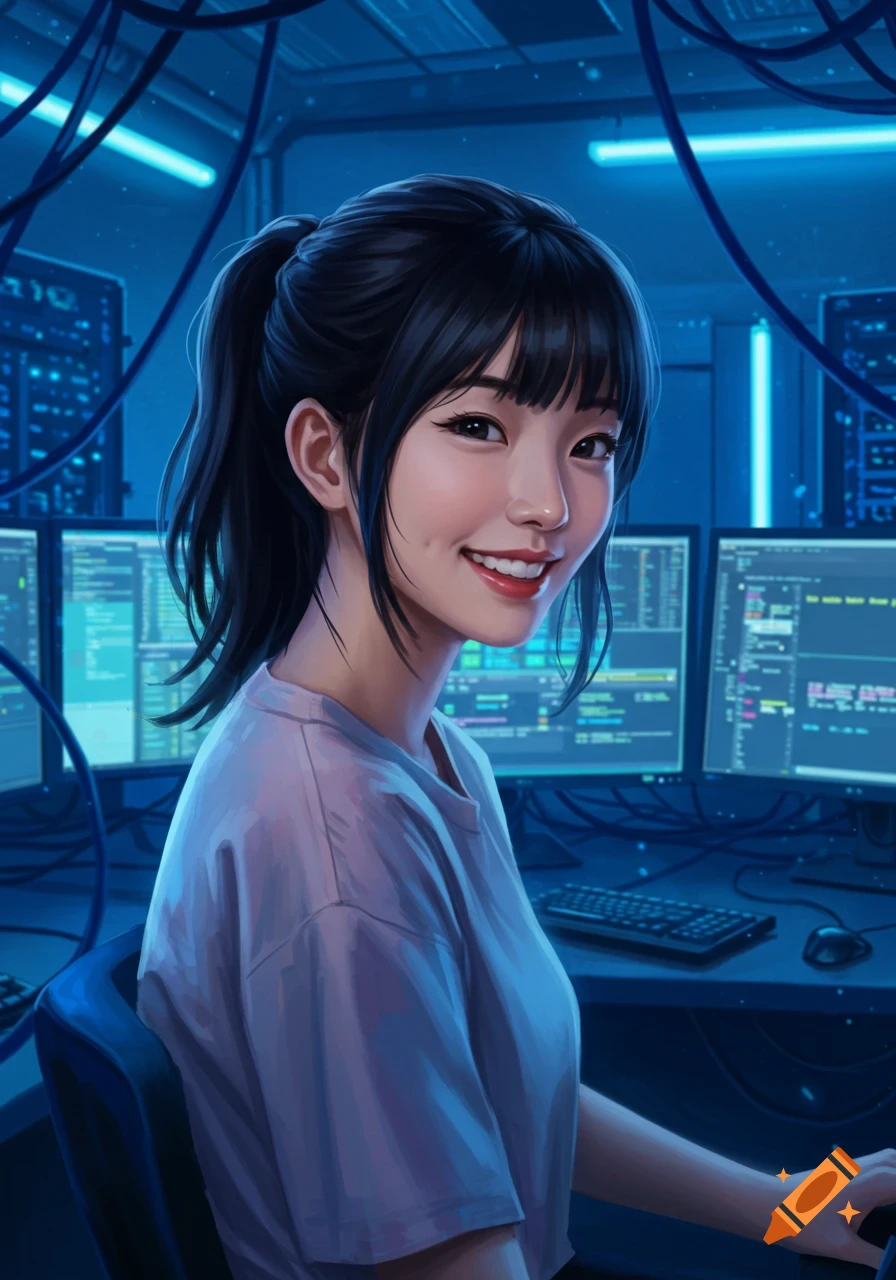 Smiling young woman with a ponytail and bangs in an anime style, sitting in a blue-lit computer room with screens.