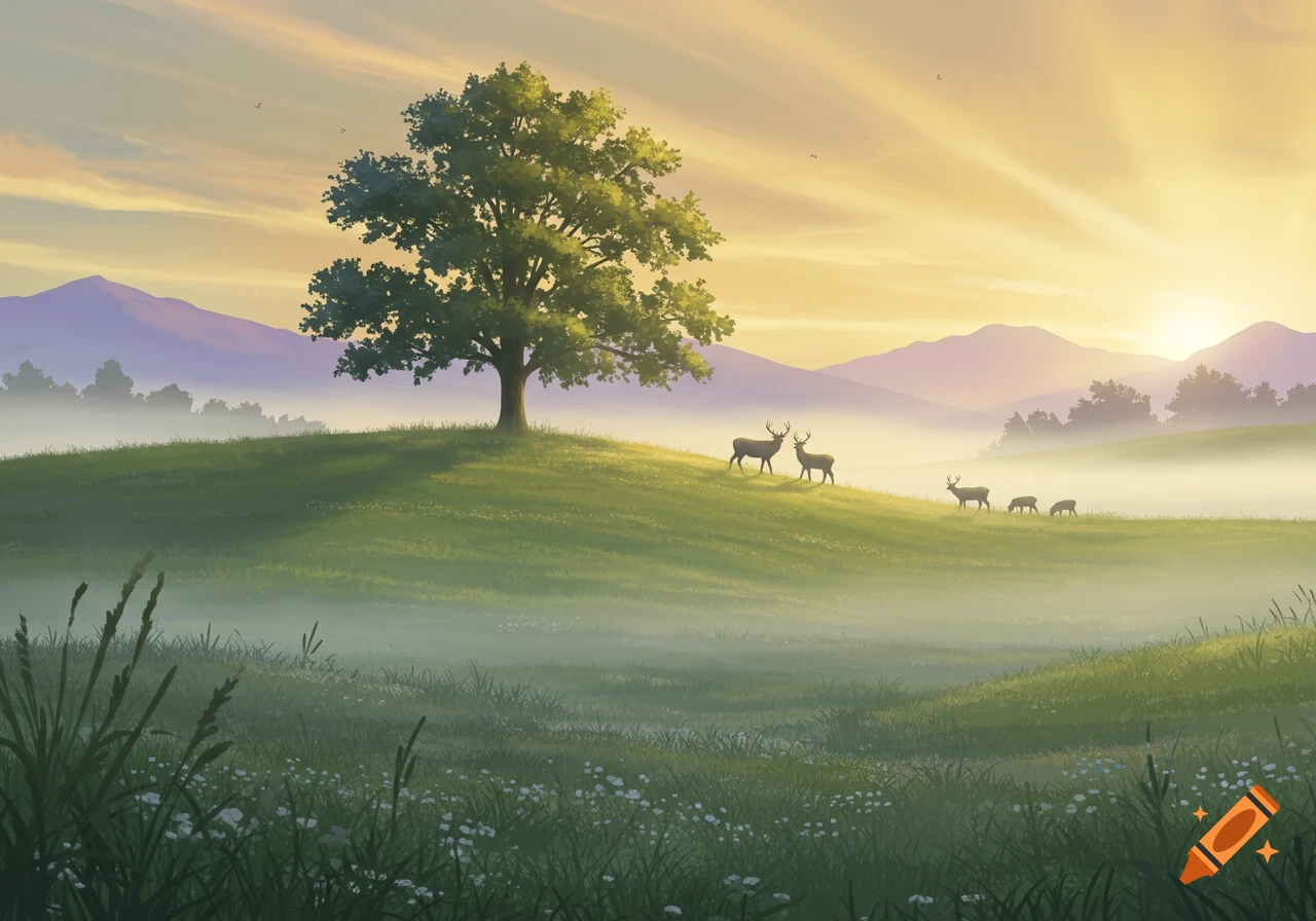 A serene, misty landscape with a large tree on a hill, a family of deer, and mountains under a golden sky, painted digitally.