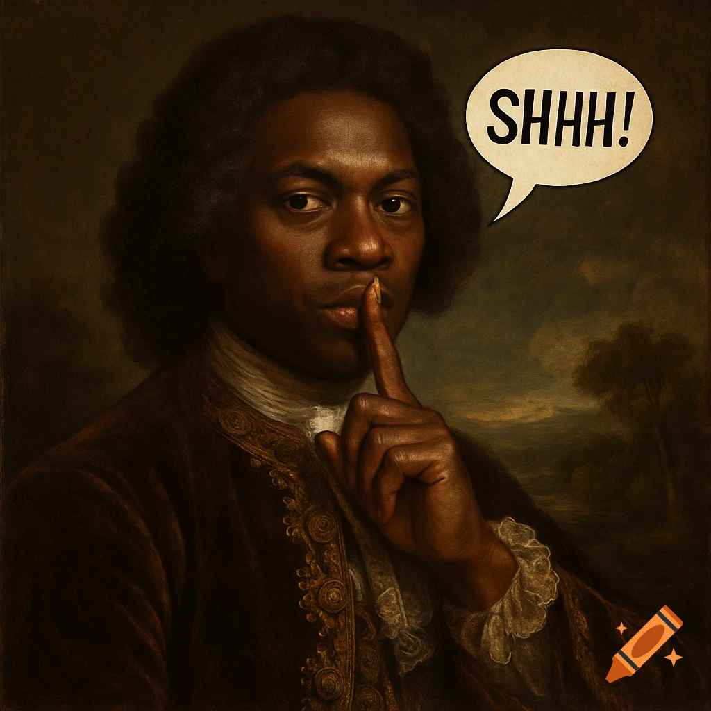 Classical oil painting portrait of a Black noble man making a 'shhh' gesture, with 'SHHH!' in a speech bubble.