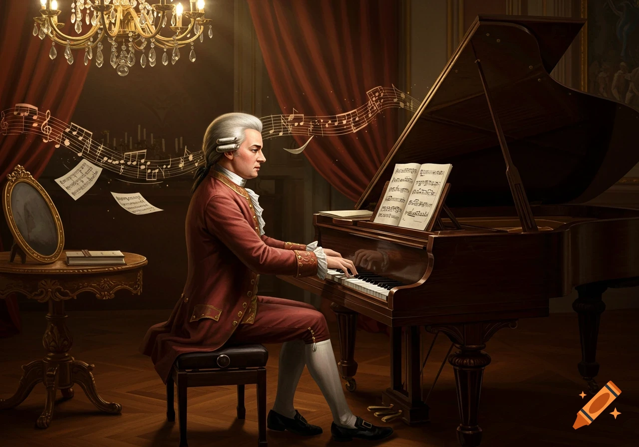 A man resembling Mozart in a red suit plays a grand piano in a lavish room, with musical notes floating around him.