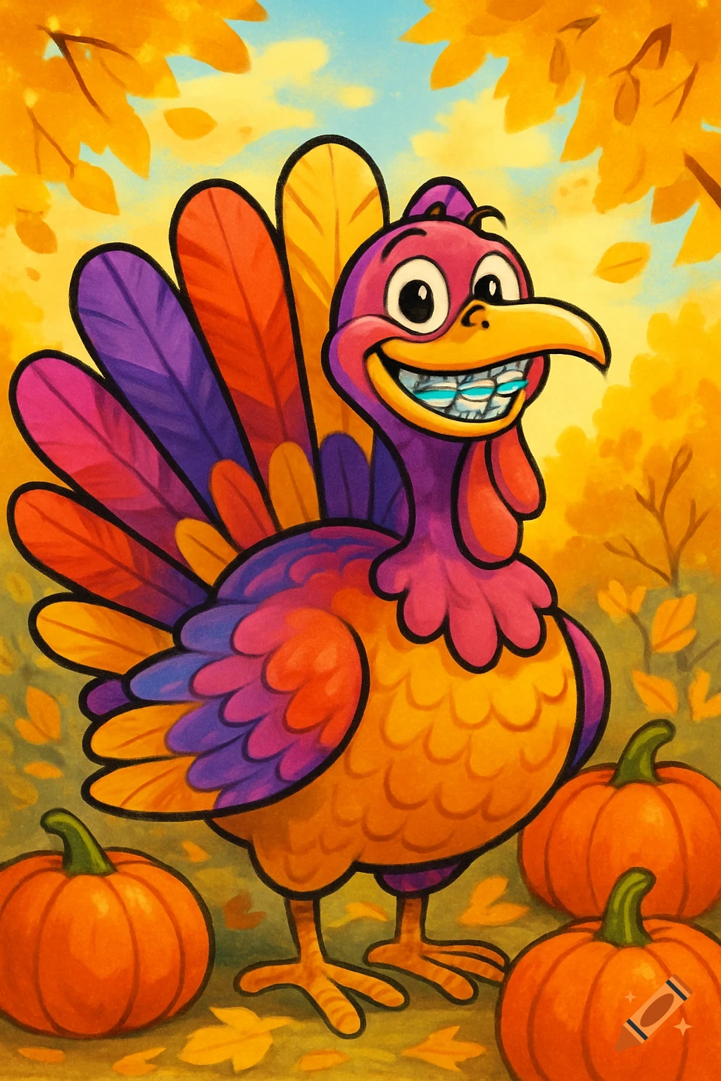 A colorful cartoon turkey with braces smiles, surrounded by pumpkins and autumn leaves.