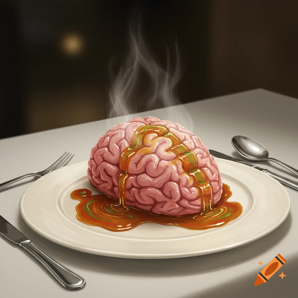 Steaming human brain served on a white plate with savory sauce, accompanied by cutlery. Digital illustration.