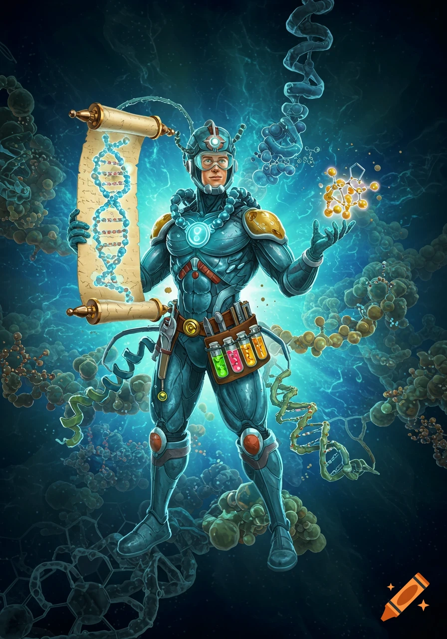 A futuristic scientist in a blue and gold suit holds a DNA scroll while manipulating molecular structures amidst a glowing cellular background.