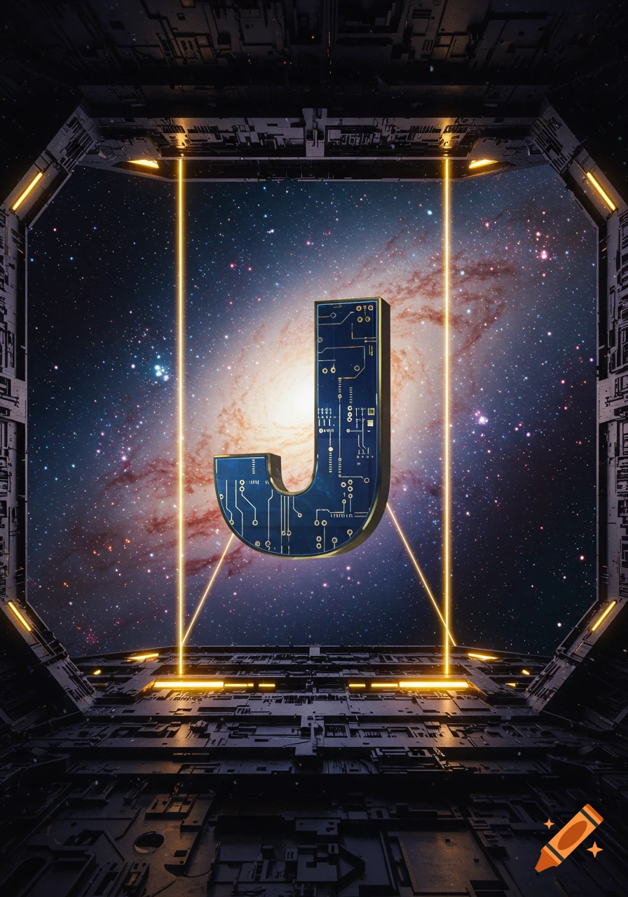 A blue circuit board patterned letter 'J' glows with golden edges, floating in space before a galaxy, framed by a futuristic spaceship window with neon lights.