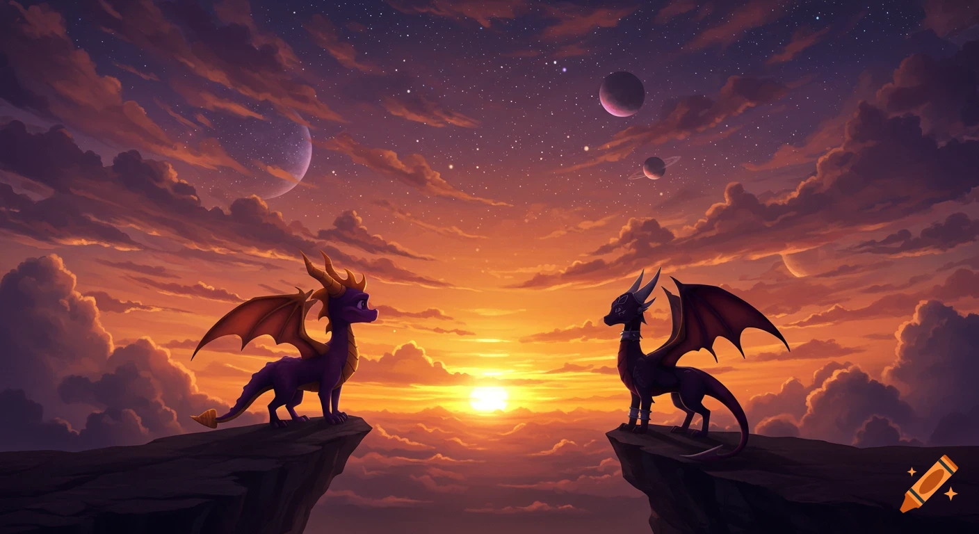 Spyro and Cynder the dragons stand on cliffs overlooking a vibrant sunset, starry sky, and planets in a fantasy art style.