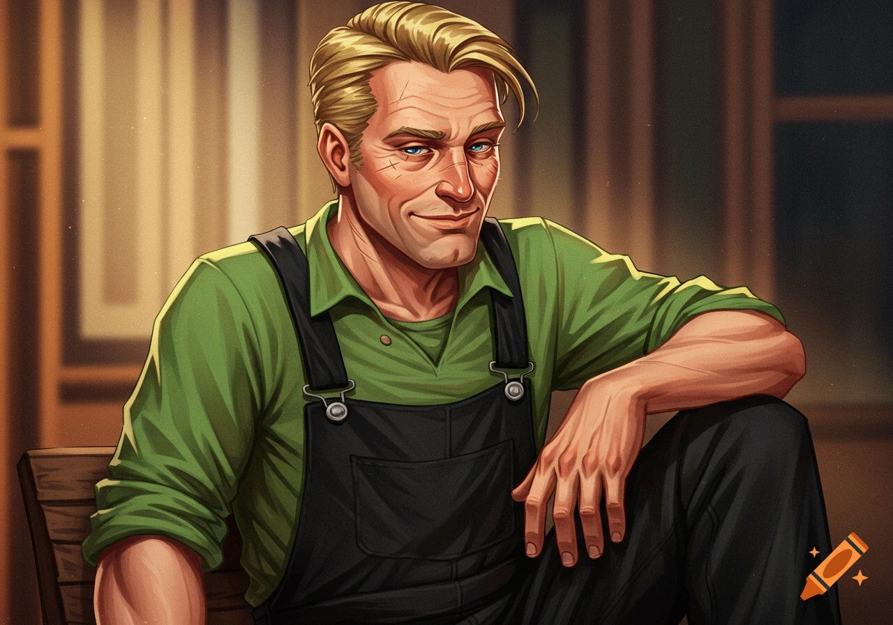 An illustration of a smirking man with blonde hair and blue eyes, wearing a green shirt and black overalls.