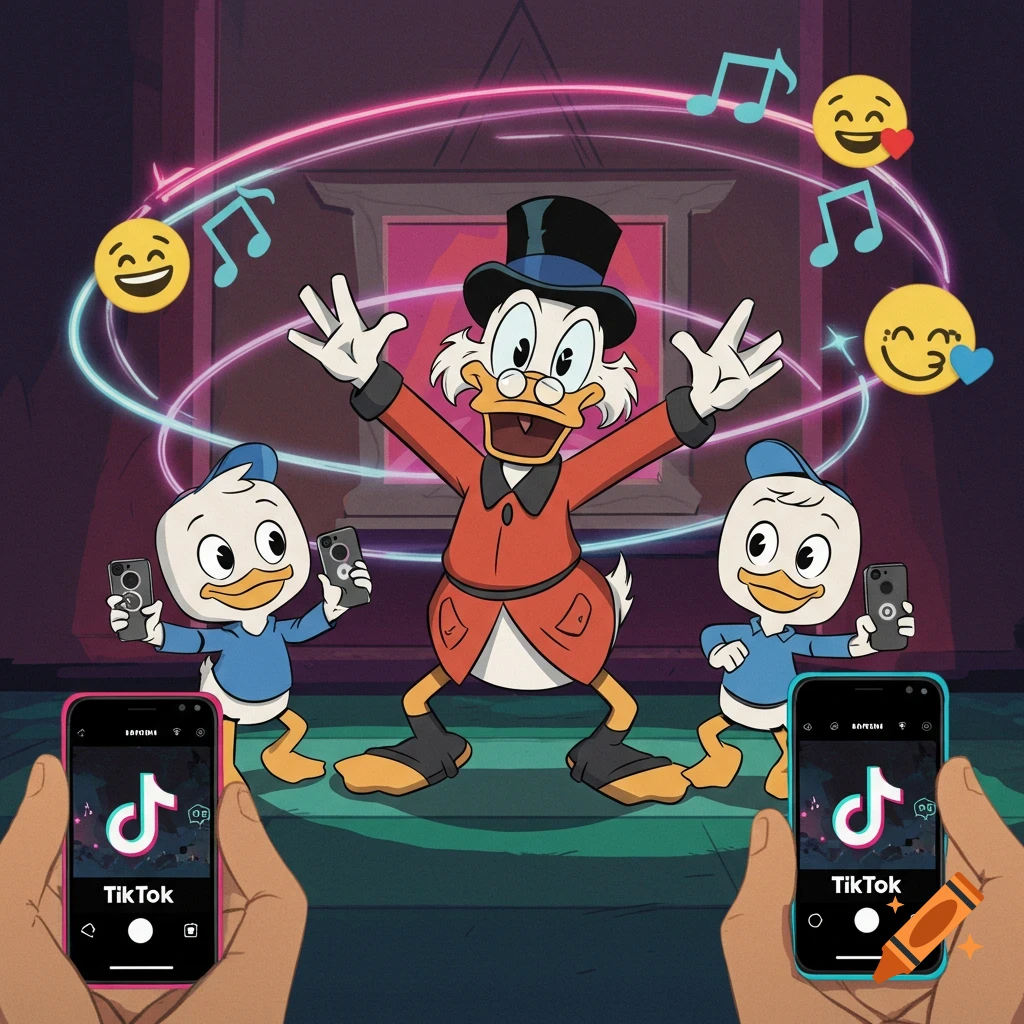 Scrooge McDuck and two Ducktales nephews dance with phones showing TikTok logos, surrounded by emojis and musical notes.