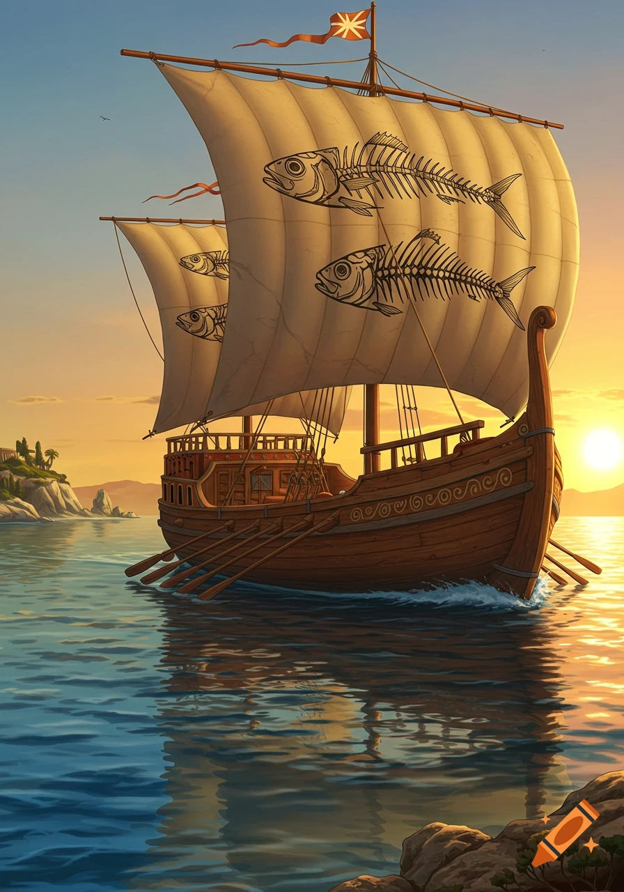 A stylized illustration of a Phoenician ship with fish skeleton drawings on its sails, sailing on calm waters at sunset.