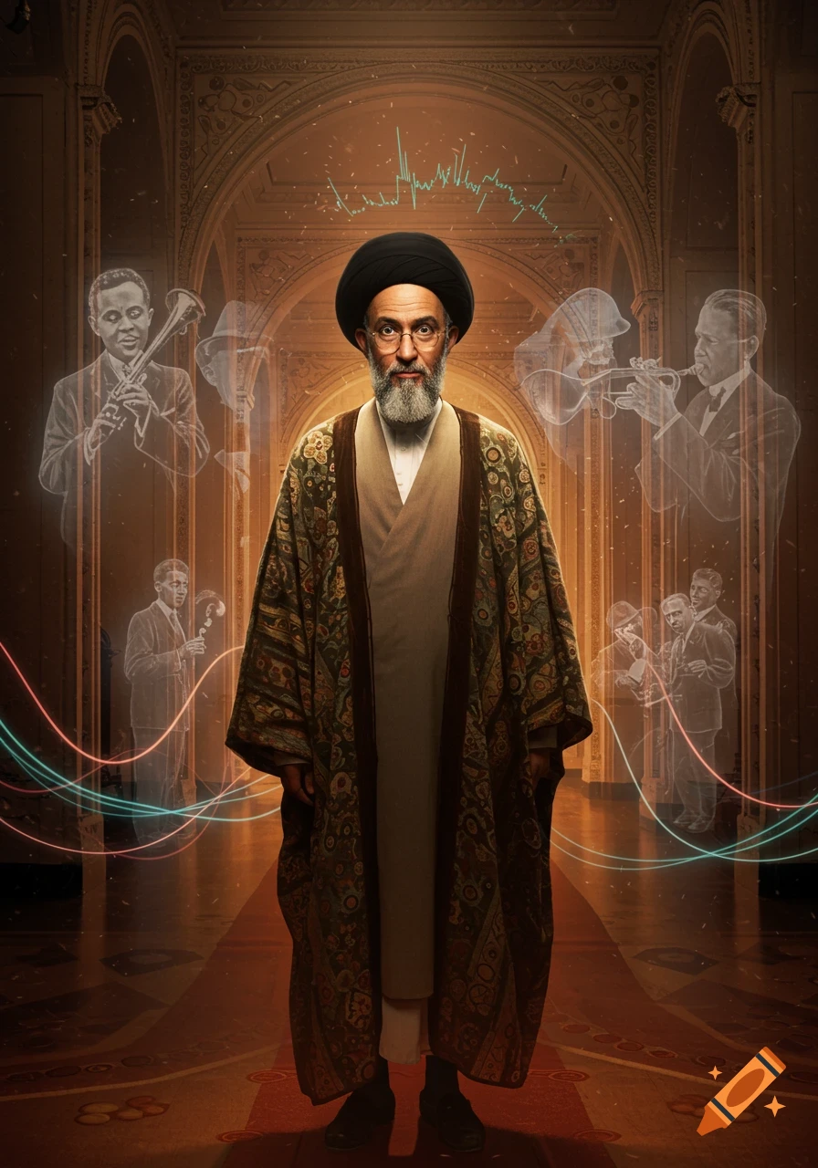 A man in traditional religious robes and a black turban stands in a grand hall, surrounded by glowing, ghostly jazz musicians and abstract light trails.