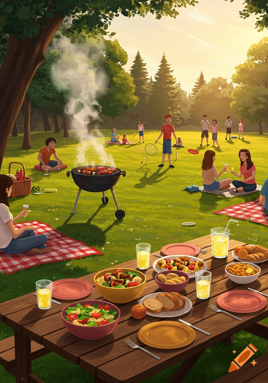 Illustration of a lively park BBQ with people grilling, playing, and a picnic table full of food.