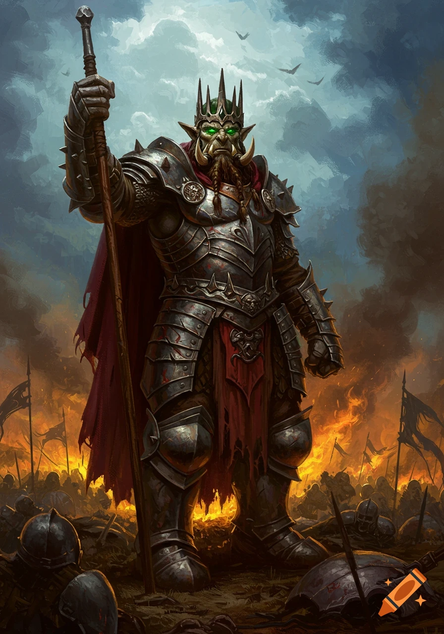 A green-skinned troll king in dark armor holds a staff on a burning battlefield, surrounded by fallen soldiers in an oil painting style.