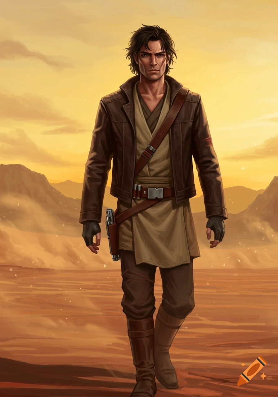 Illustration of a dark-haired man in a brown jacket and robes, walking through a vast desert at sunset.
