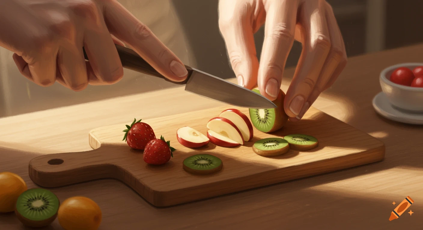 Illustrative painting of hands slicing kiwi and apples on a wooden cutting board with a knife, alongside strawberries and other fruit.