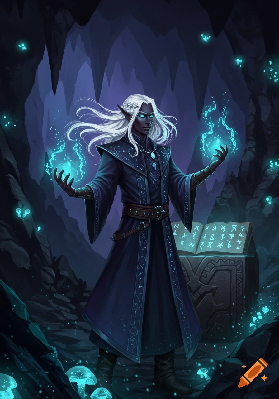 A dark-skinned male drow sorcerer with white hair and glowing blue eyes casts a spell in a glowing mushroom cave.